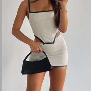 White Fox Boutique Matching Set: Cream and Black Mini Skirt with Corset Top